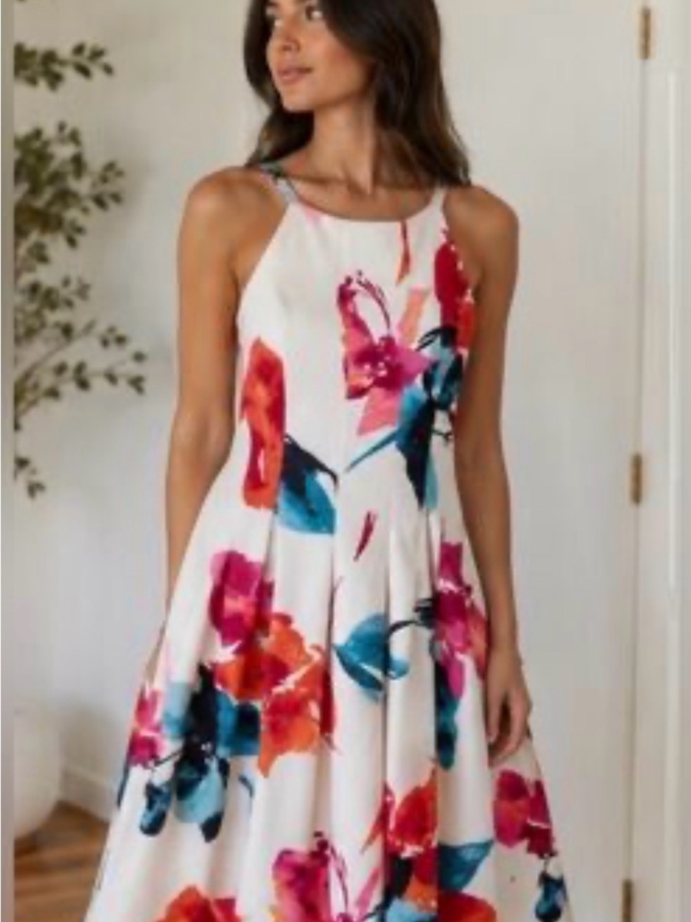 Vince Camuto - White Floral Fit & Flare Midi Dress – Elegant Garden Party Dress